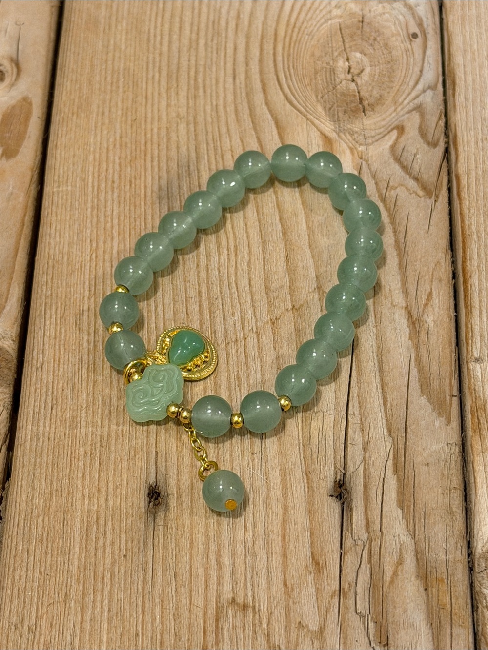Green Jade Beaded Charm Bracelet - Gold Accents
